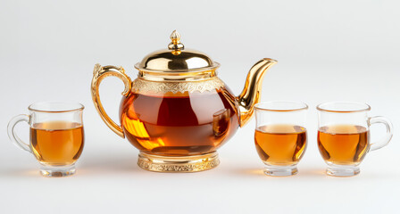 Tea set with ornate golden teapot and small glass cups filled with tea steam rising isolated on white background symbolizing Ramadan hospitality and tradition 