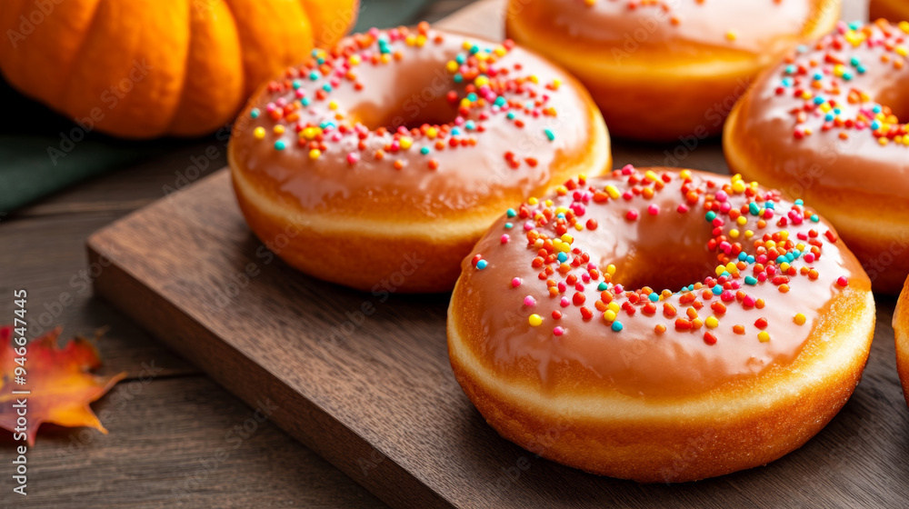 Canvas Prints Top view of pumpkin spice donuts covered in glaze and autumn sprinkles arranged on a wooden board festive and inviting warm fall colors 