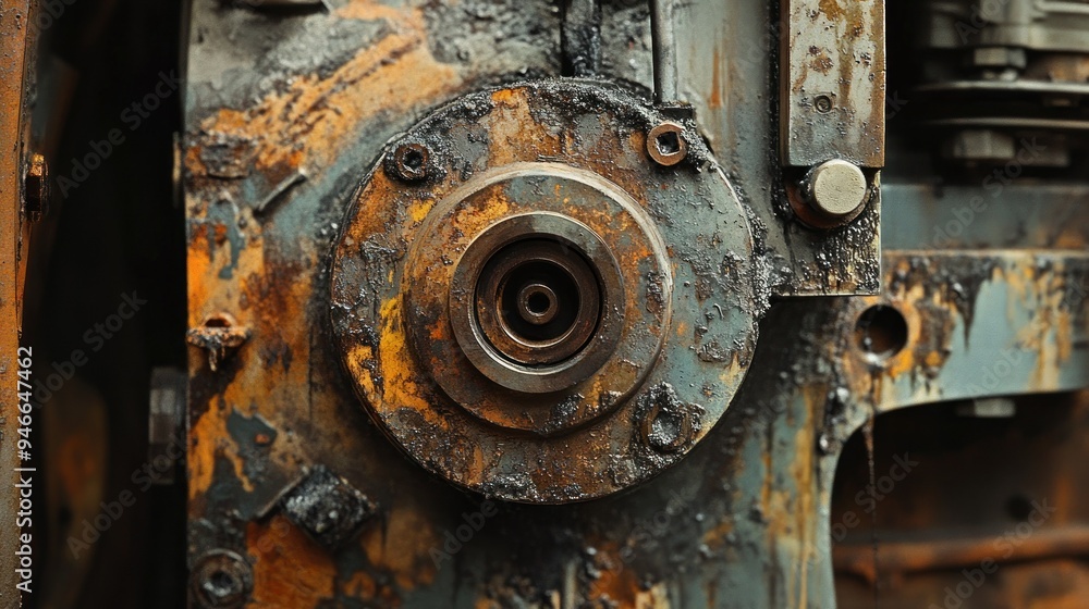 Poster close-up of a rusted industrial machine part
