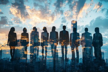 People standing in city skyline double exposure created with Generative AI