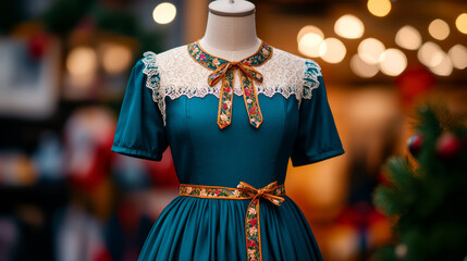 Traditional Bavarian dirndl displayed on a mannequin lace blouse tied apron vibrant colors Oktoberfest decorations and lights enhancing the festive mood in the background 