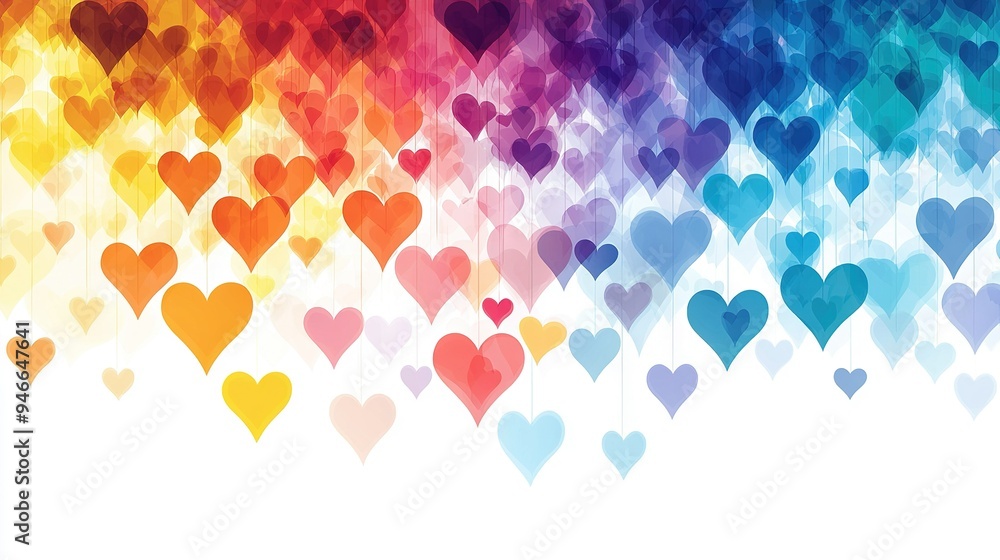 Poster a colorful backdrop featuring numerous hearts dangling from the wall in a rainbow-like pattern
