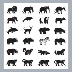 Set of silhouette logotype icons animal Lion, Elephant, Tiger, Giraffe, Kangaroo, Panda, Gorilla, dolphin, cat, deer, Polar Bear, Zebra, fox in white background