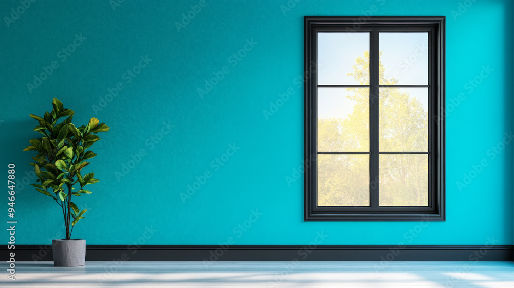 Poster triple-pane pvc window with a matte black frame on a cool gradient background transitioning from tea