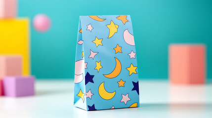 Vibrant goodie bag design for Ramadan children featuring playful crescent moons and colorful stars on a soft pastel background cheerful and festive packaging 