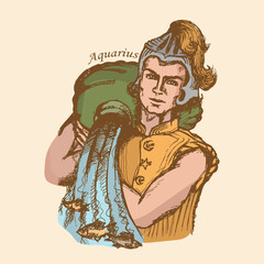 Fototapeta premium Young man with a vessel of water on his shoulder. Zodiac sign - Aquarius. Sketch, hand drawing. Vector illustration