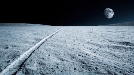 An intriguing image of the lunar surface featuring a singular tire track leading towards the horizon, with the moon prominently visible in the sky, highlighting exploration themes.
