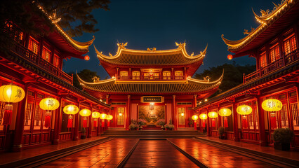 Obraz premium Celebrating Mid-Autumn Festival 2024: Traditional Chinese Palace Illuminated with Red Lanterns, Symbolizing Harmony and Reunion. Mid-Autumn Festival Celebration at a Chinese temple