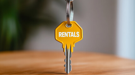 Vibrant yellow house key hanging from a sleek silver keychain labeled RENTALS on a wooden table warm sunlight casting soft shadows cozy real estate vibes 