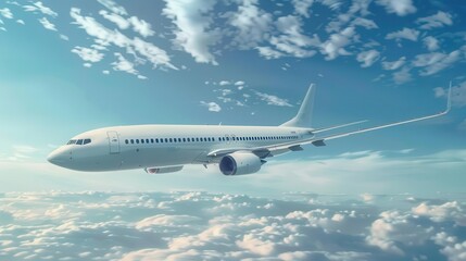 Obraz premium modern passenger jet airplane taking off into partly cloudy blue sky commercial aviation concept