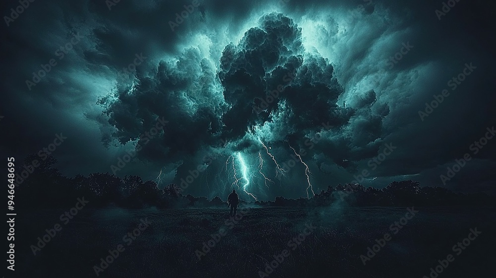 Poster a man stands in a field under a large cloud with a lightning bolt emerging from it