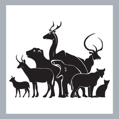 Set of silhouette logotype icons animal Lion, Elephant, Tiger, Giraffe, Kangaroo, Panda, Gorilla, dolphin, cat, deer, Polar Bear, Zebra, fox in white background