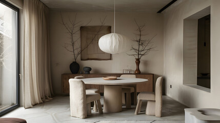 Minimalist dining rooms with natural wood and neutral tones..