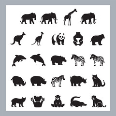 Set of silhouette logotype icons animal Lion, Elephant, Tiger, Giraffe, Kangaroo, Panda, Gorilla, dolphin, cat, deer, Polar Bear, Zebra, fox in white background