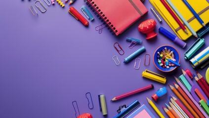 Electric violet background highlighting an array of colorful stationery, ideal for vivid educational settings