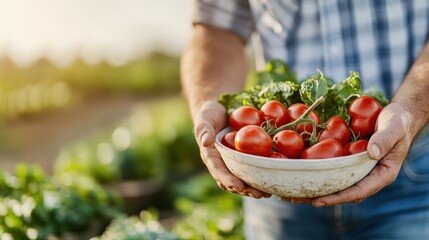 An individual is holding a bowl filled with freshly picked tomatoes in an outdoor garden, highlighting the rewards of gardening and the beauty of homegrown produce.