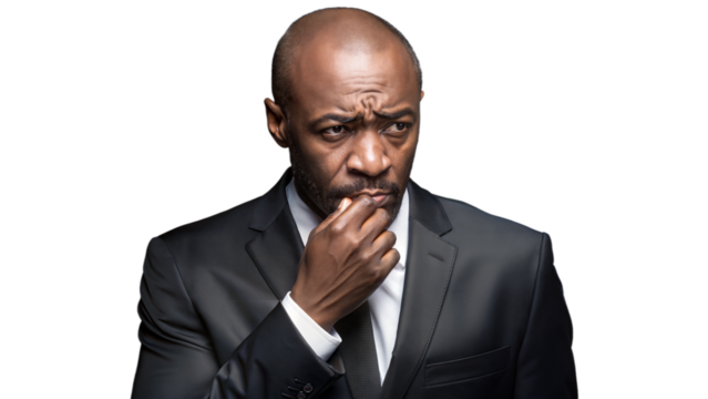 A man in a suit covers his mouth with his hand and shows a thoughtful expression.