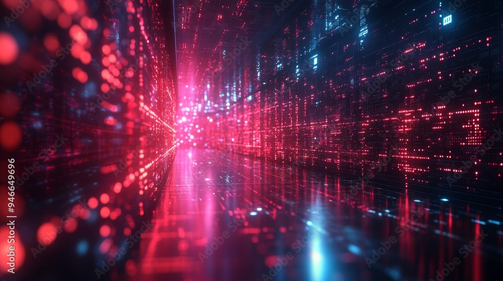 Poster bright holographic patterns create an immersive experience in a secure data environment, showcasing 