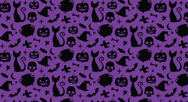 Halloween seamless purple  background with pumpkin, cats, bats, witch brew, candy. Good for textile fabric design, wrapping paper, website wallpapers, textile, wallpaper and apparel. Vector.