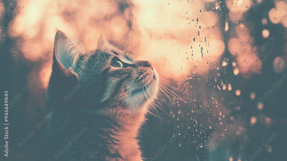 Poster a close-up of a cat gazing through a window with droplets of water on it, surrounded by tree scenery