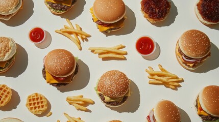 A variety of delicious fast food items, including burgers, fries, and sauces, are arranged neatly on a table ready for enjoyment