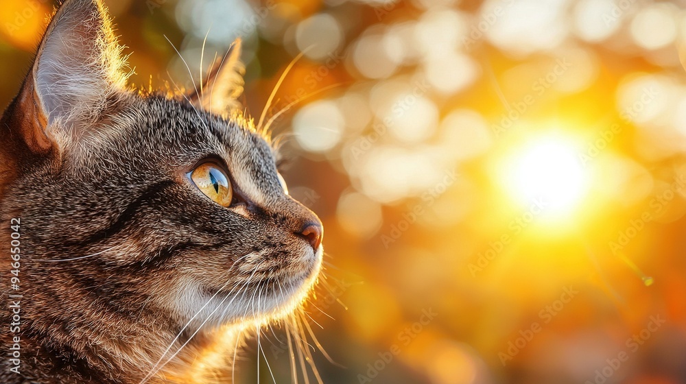 Poster a picture of a cat's face with sunlight filtering through the leaves of a tree behind it
