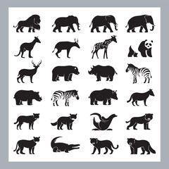 Set of silhouette logotype icons animal Lion, Elephant, Tiger, Giraffe, Kangaroo, Panda, Gorilla, dolphin, cat, deer, Polar Bear, Zebra, fox in white background
