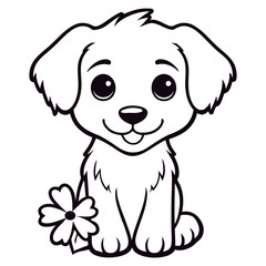 A cute white puppy with a flower, looking directly at the viewer