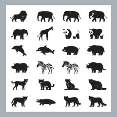 Set of silhouette logotype icons animal Lion, Elephant, Tiger, Giraffe, Kangaroo, Panda, Gorilla, dolphin, cat, deer, Polar Bear, Zebra, fox in white background