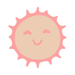 A cute, smiling sun icon with a happy expression and pink rays