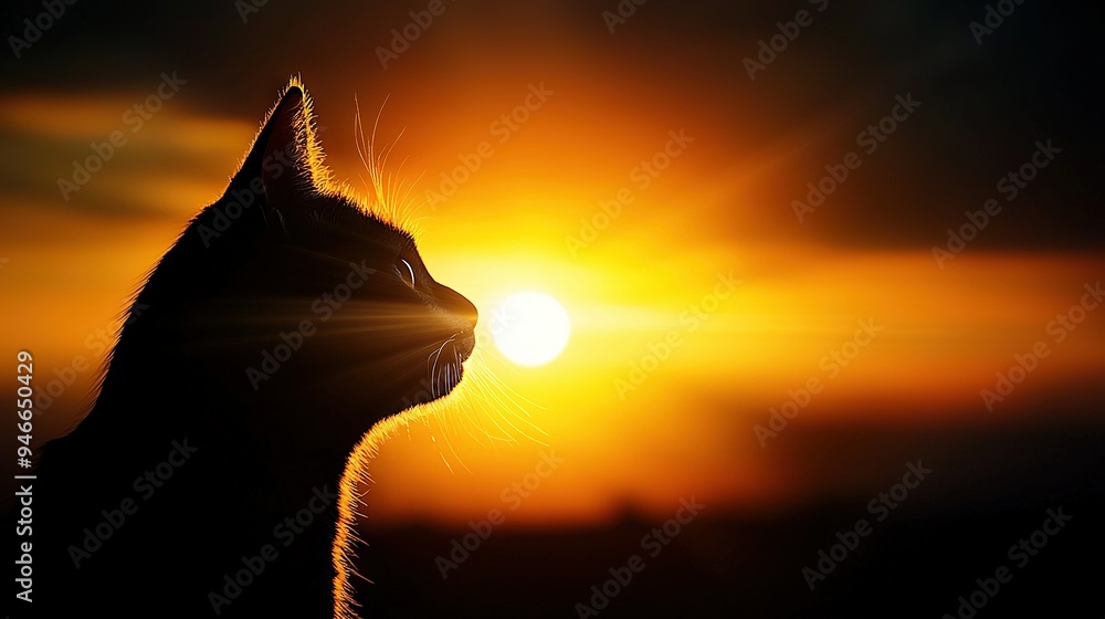 Poster a cat in sharp focus against a sunny backdrop with cloudy skies framing it