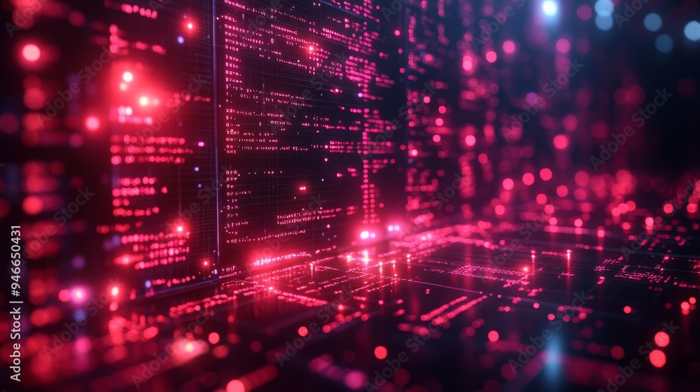 Poster interactive holographic visualizations represent secure payment transactions in a vibrant digital la