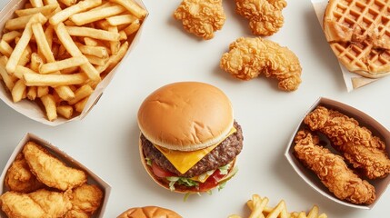 Tasty fast food spread includes a double cheeseburger, fried chicken tenders, crispy fries, and waffles, perfect for sharing