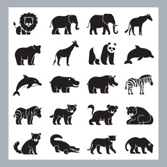 Set of silhouette logotype icons animal Lion, Elephant, Tiger, Giraffe, Kangaroo, Panda, Gorilla, dolphin, cat, deer, Polar Bear, Zebra, fox in white background