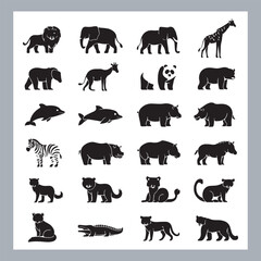 Set of silhouette logotype icons animal Lion, Elephant, Tiger, Giraffe, Kangaroo, Panda, Gorilla, dolphin, cat, deer, Polar Bear, Zebra, fox in white background