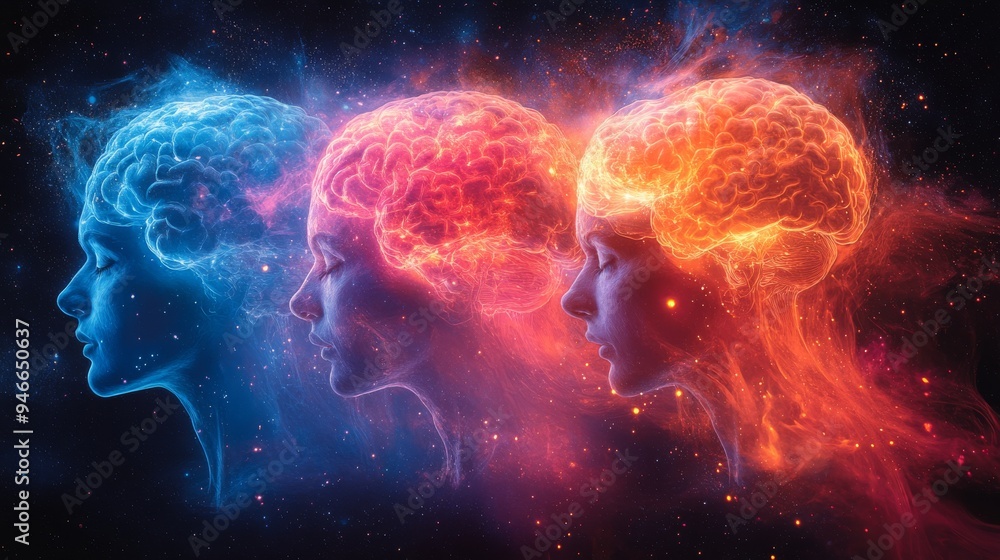 Poster dynamic holographic representations illustrate various brain activity patterns, showcasing cognitive