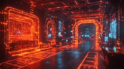 Obraz premium A vibrant, holographic display showcases classic video game environments within a futuristic arcade filled with glowing visuals.