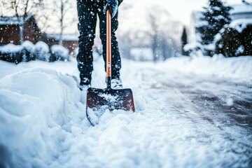 Person shoveling snow from a driveway during a winter snowfall in a residential neighborhood in the early morning hours