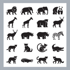 Set of silhouette logotype icons animal Lion, Elephant, Tiger, Giraffe, Kangaroo, Panda, Gorilla, dolphin, cat, deer, Polar Bear, Zebra, fox in white background