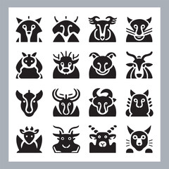 Obraz premium Set of silhouette logotype icons animal Lion, Elephant, Tiger, Giraffe, Kangaroo, Panda, Gorilla, dolphin, cat, deer, Polar Bear, Zebra, fox in white background