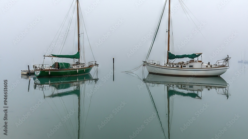 Sticker   A pair of boats bobbing atop a serene lake beside one another atop a body of water