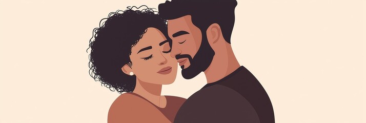 Obraz premium A man and woman are hugging each other. The man has a beard and the woman has curly hair