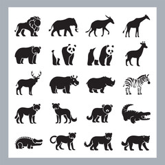 Set of silhouette logotype icons animal Lion, Elephant, Tiger, Giraffe, Kangaroo, Panda, Gorilla, dolphin, cat, deer, Polar Bear, Zebra, fox in white background