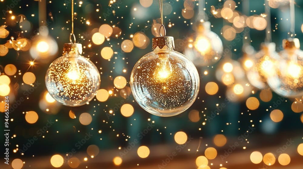 Poster three ornate glass ornaments dangle on a string against a hazy golden and white backdrop of shimmeri