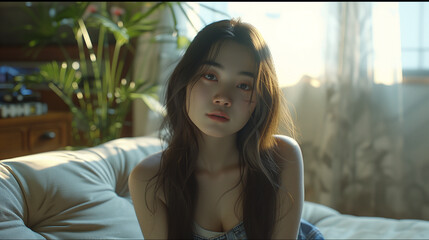 Young woman with long hair sitting on a couch in a softly lit room, gazing thoughtfully at the camera