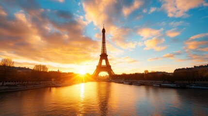 Fototapeta premium The Eiffel Tower in Paris is illuminated against a brilliant sunset with vibrant clouds, reflected in the calm waters below, offering a splendid urban landscape view.