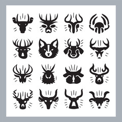 Set of silhouette logotype icons animal Lion, Elephant, Tiger, Giraffe, Kangaroo, Panda, Gorilla, dolphin, cat, deer, Polar Bear, Zebra, fox in white background