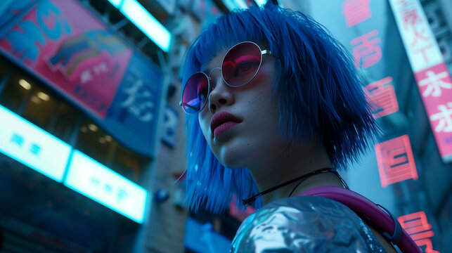 Stylish woman with blue hair and reflective sunglasses in a futuristic neon-lit urban setting