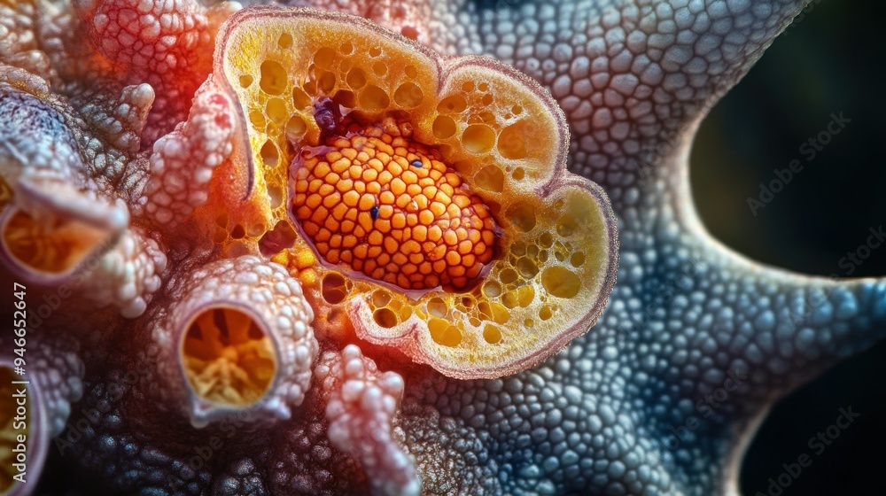 Poster close-up of a plant with a honeycomb-like structure and a round orange center.