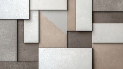 Abstract tiles with overlapping, geometric shapes in muted tones, creating a layered, textured effect